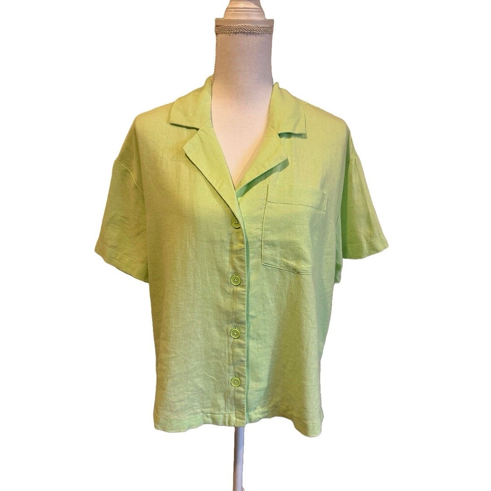 A New Day Women's M Green Linen Blend Short Sleeve Button-Down Camp Shirt